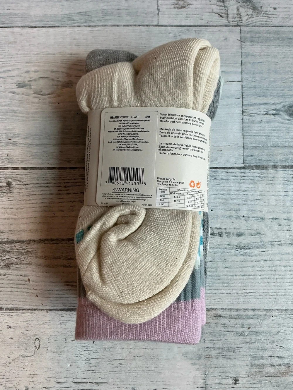 NWT Merrell 3Pk Women’s S/M Trekker Outdoor Crew Sock-Wool Blend